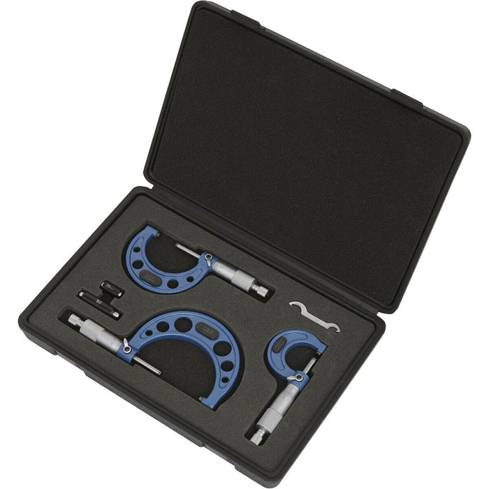3 Piece Metric Micrometer Set - Lined Storage Case - Calibrated Extension Bars Loops