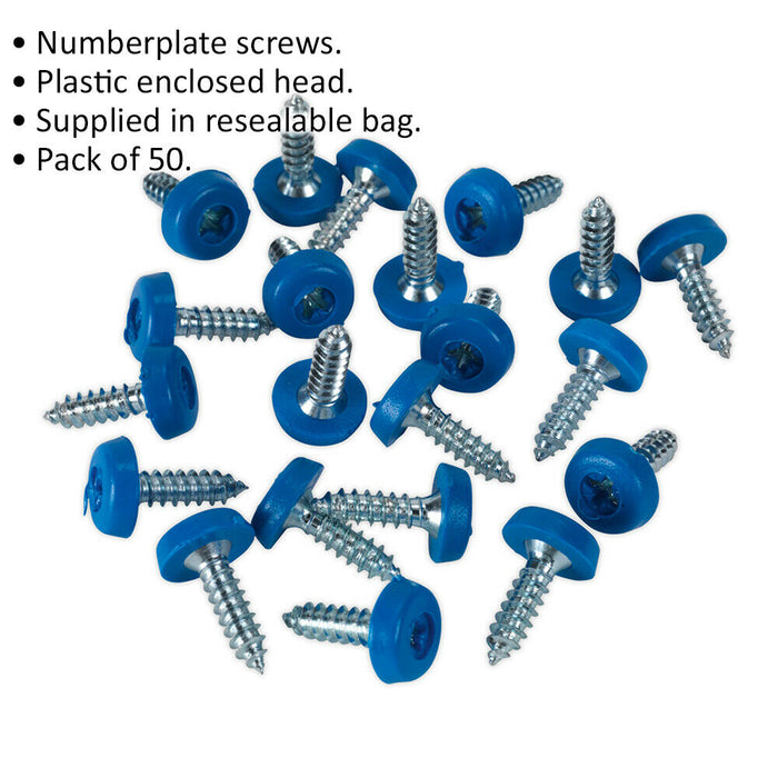 50 PACK 4.8 x 18mm Blue Numberplate Screw - Plastic Enclosed Head Fixings Loops