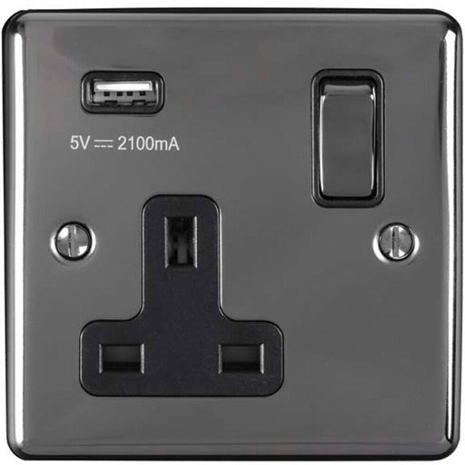 1 Gang Single UK Plug Socket & 2.1A USB Charger BLACK NICKEL 13A Switched Loops