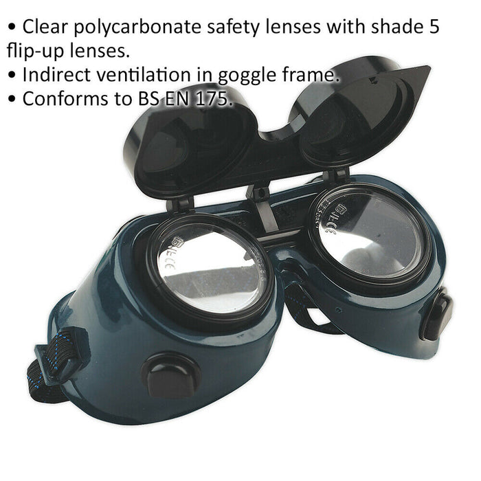 Gas Welding Goggles with Flip Up Lens - Shade 5 - Indirect Ventilation - PPE Loops