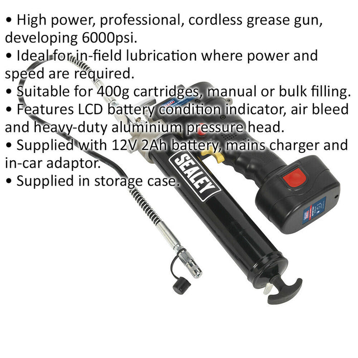 12V Cordless Grease Gun Kit - Holds 400g Cartridge - Includes Battery & Charger Loops