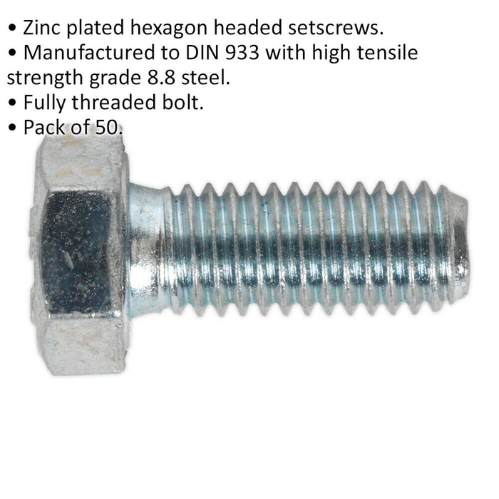 50 PACK HT Setscrew - M8 x 20mm - Grade 8.8 Zinc - Fully Threaded - DIN 933 Loops