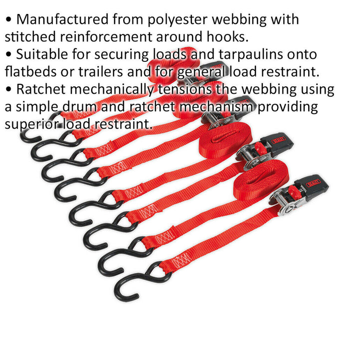 2 PAIR - 25mm x 4m 800KG Ratchet Tie Down Straps Set - Polyester Webbing S-Hook Loops