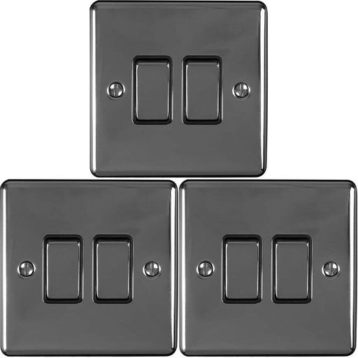 3 PACK 2 Gang Double Metal Light Switch BLACK NICKEL 2 Way 10A Black Trim Loops