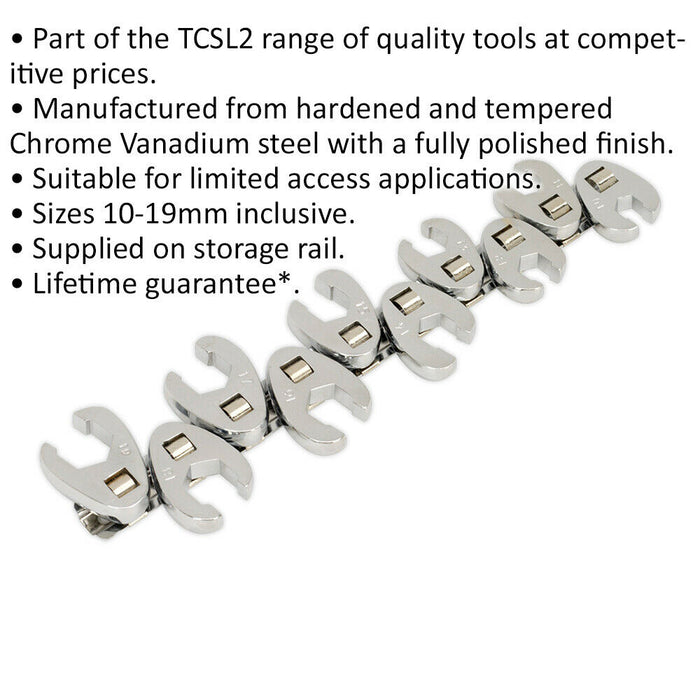 10pc Open Ended Flare Nut / Crows Foot Spanner Socket Set - 3/8" Square Drive Loops