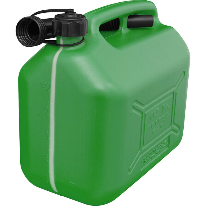 10 Litre Plastic Fuel Can -  Safety Screw Lock Cap - Flexible Spout - Green Loops