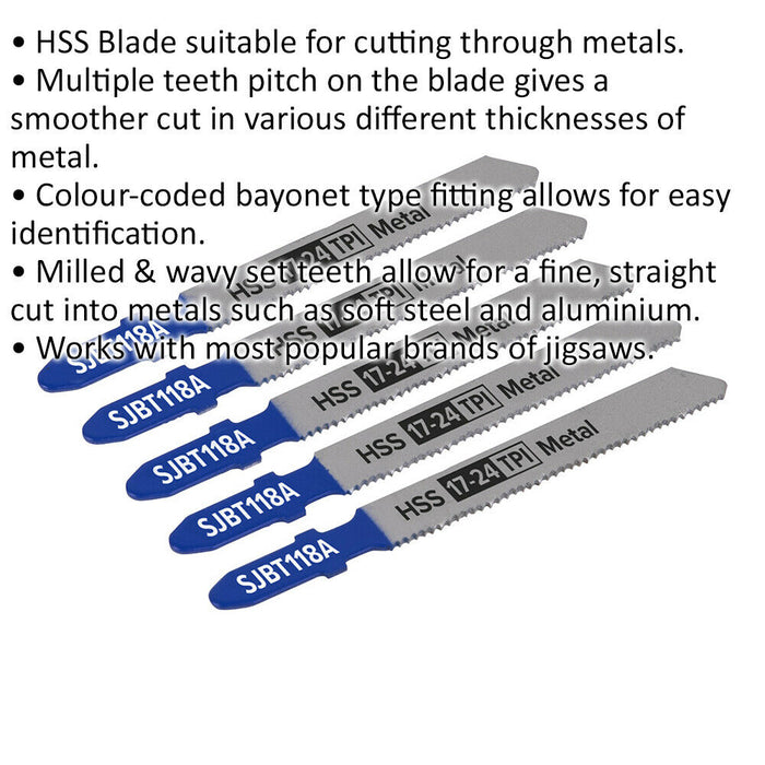 5 PACK - 92mm METAL Jigsaw Blade Set - 17 / 24 TPI - Milled & Wavy Teeth Fine Loops