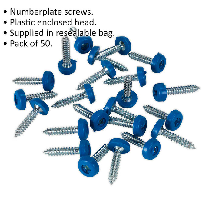 50 PACK 4.8 x 24mm Blue Numberplate Screw - Plastic Enclosed Head Fixings Loops