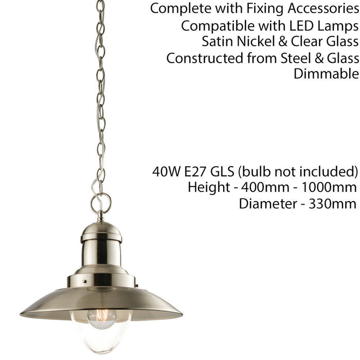 Hanging Ceiling Pendant Light Satin Nickel & Glass Industrial Lamp Bulb Holder Loops