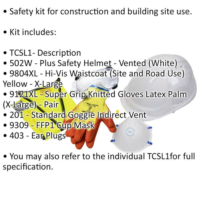SITE PPE PACK - XL Hi-Vis Waistcoat - Hard Hat - Grip Gloves - Goggles & Mask Loops