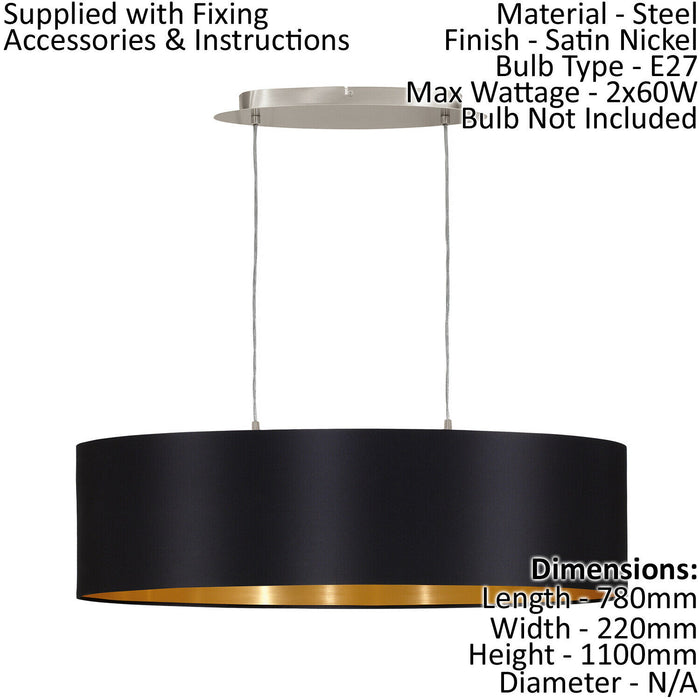 Pendant Light Colour Satin Nickel Shade Black Gold Fabric Bulb E27 2x60W Loops