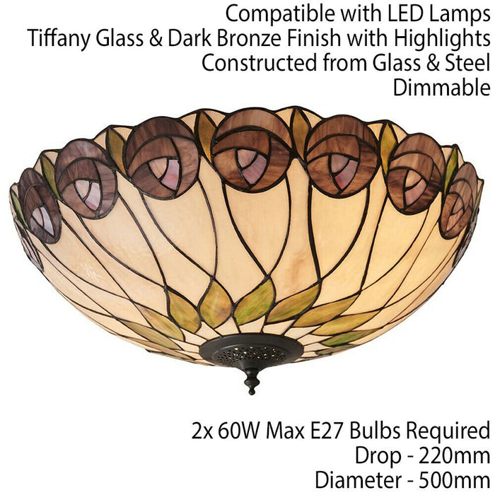 Tiffany Glass Semi Flush Ceiling Light Rose & Cream Inverted Round Shade i00048 Loops