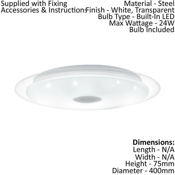 Wall Flush Ceiling Light White Shade White Chrome Plastic Crystal Effect LED 24W Loops