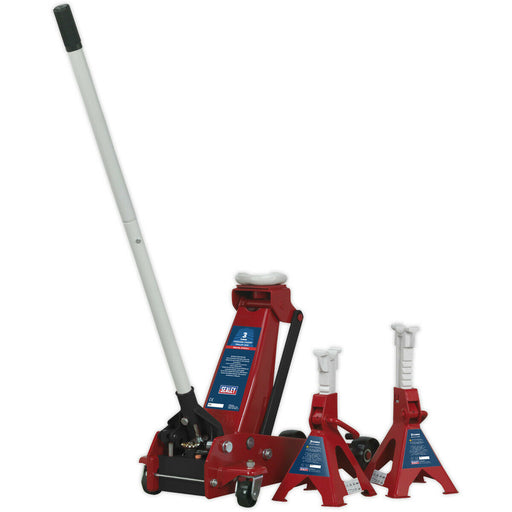 3 Tonne Hydraulic Trolley Jack - 515mm Max Height - 2 x Ratchet Axle Stands Loops