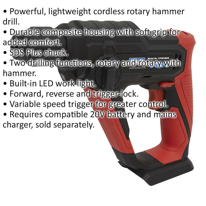 20V Rotary Hammer Drill - SDS Plus Chuck - BODY ONLY - Variable Speed Trigger Loops