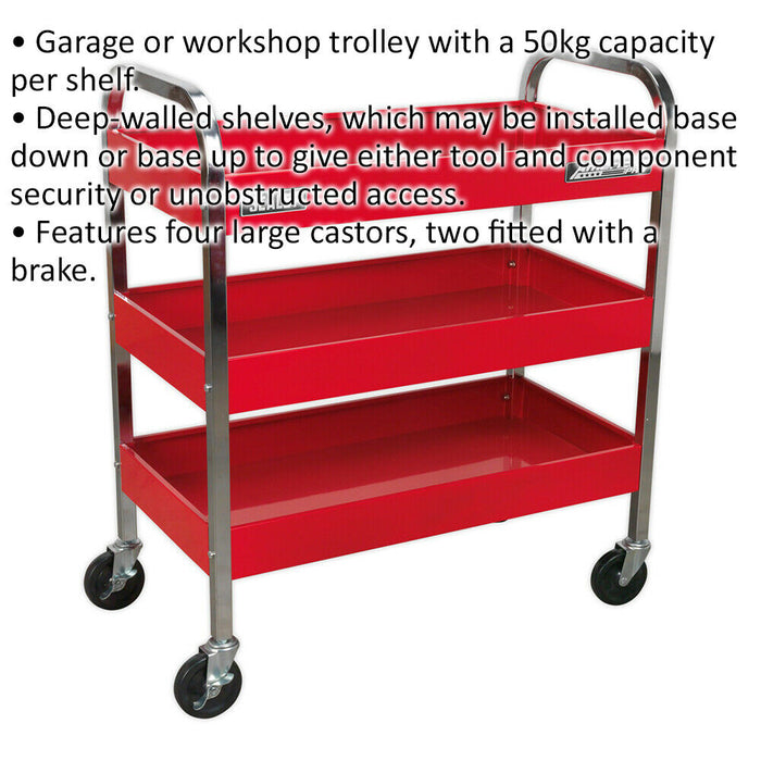 Heavy Duty 3 Level Workshop Trolley - 50kg Per Shelf - Four Castor Wheels Loops