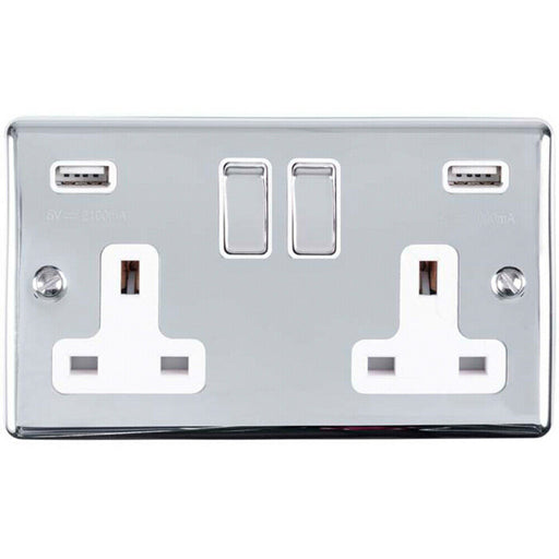 2 Gang Single UK Plug Socket & Dual 2.1A USB CHROME & White 13A Switched Loops