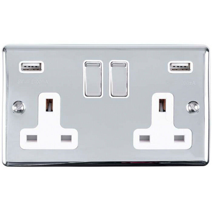 2 Gang Single UK Plug Socket & Dual 2.1A USB CHROME & White 13A Switched Loops
