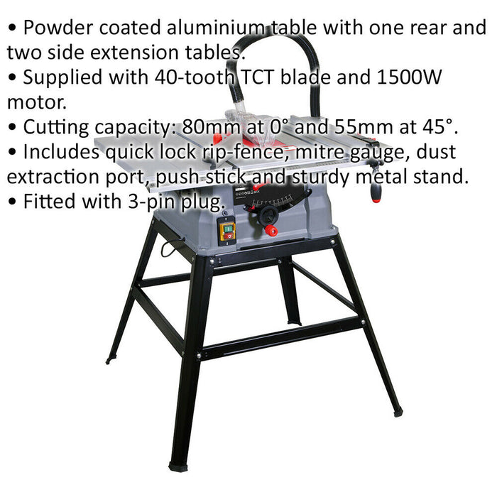 Aluminium Table Saw - 40 Tooth TCT Blade - 1500W Motor - Sturdy Metal Stand Loops