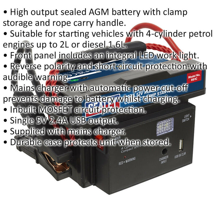 800A Compact Emergency Jump Starter - High Output Sealed AGM Battery - 12V Loops