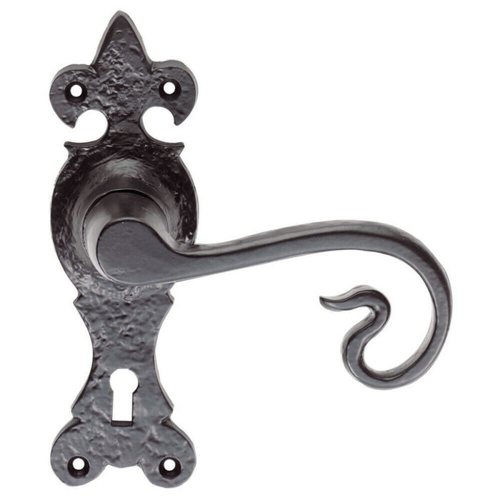 4x PAIR Forged Curled Lever Handle on Lock Backplate 167 x 51mm Black Antique Loops