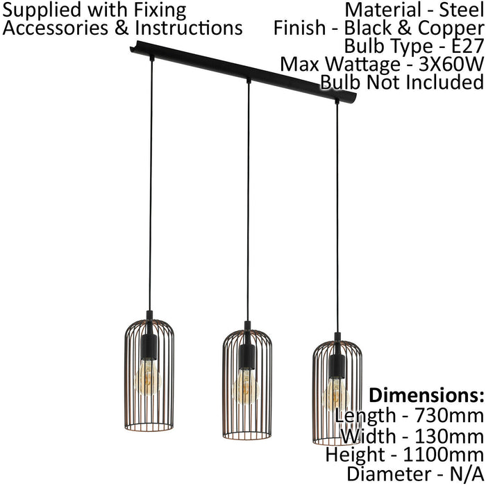 Hanging Ceiling Pendant Light Black & Copper Cage 3x E27 Bulb Kitchen Island Loops