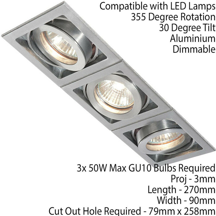 Triple Square Adjustable Head Ceiling Spotlight Aluminium GU10 50W Box Downlight Loops