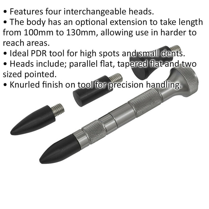 Paintless Dent Repair Knockdown Tool - 4 Interchangeable Heads - Knurled Finish Loops