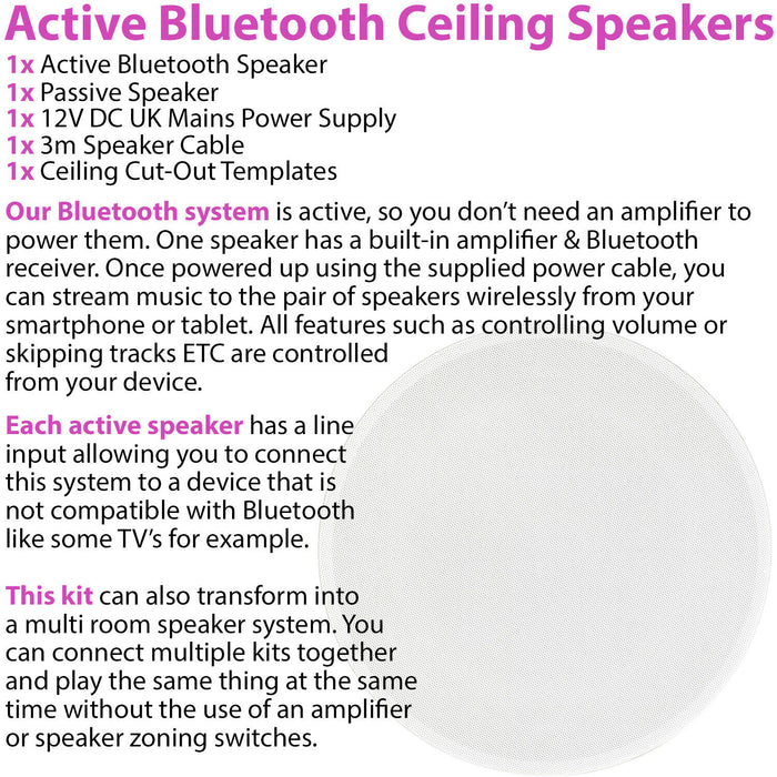 Active Bluetooth Ceiling Speaker Kit 50W Wireless Audio HiFi Streaming System