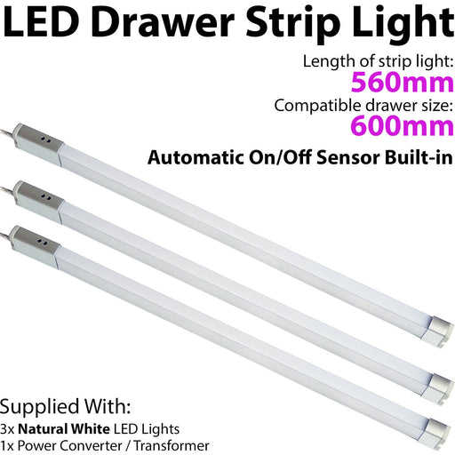 3x 600mm LED Drawer Strip Light AUTO ON/OFF PIR SENSOR Kitchen Cupboard Door Loops