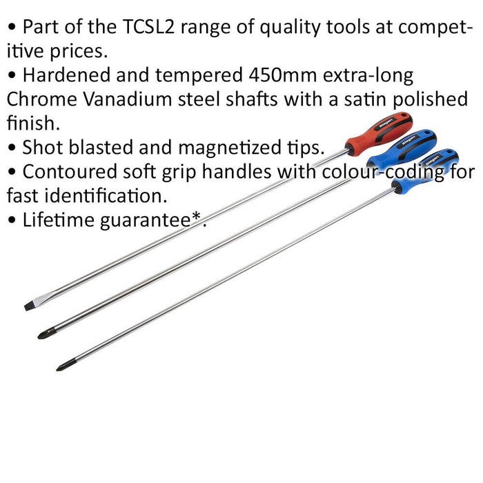 3 PACK 450mm EXTRA LONG REACH Screwdriver Set - Hardened Steel Slotted Phillips Loops