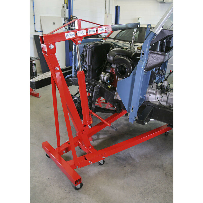1 Tonne Folding Engine Crane - Side Pump Access - Heavy Duty Castors - Workshop Loops