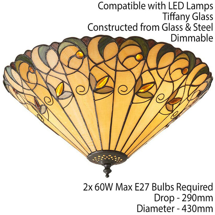 Tiffany Glass Semi Flush Ceiling Light Amber Floral Inverted Round Shade i00050 Loops