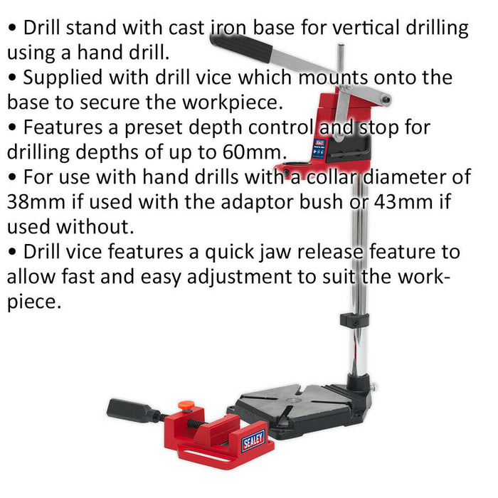 500mm Vertical Hand Drill Stand - Cast Iron Base - Quick Jaw Release Drill Vice Loops