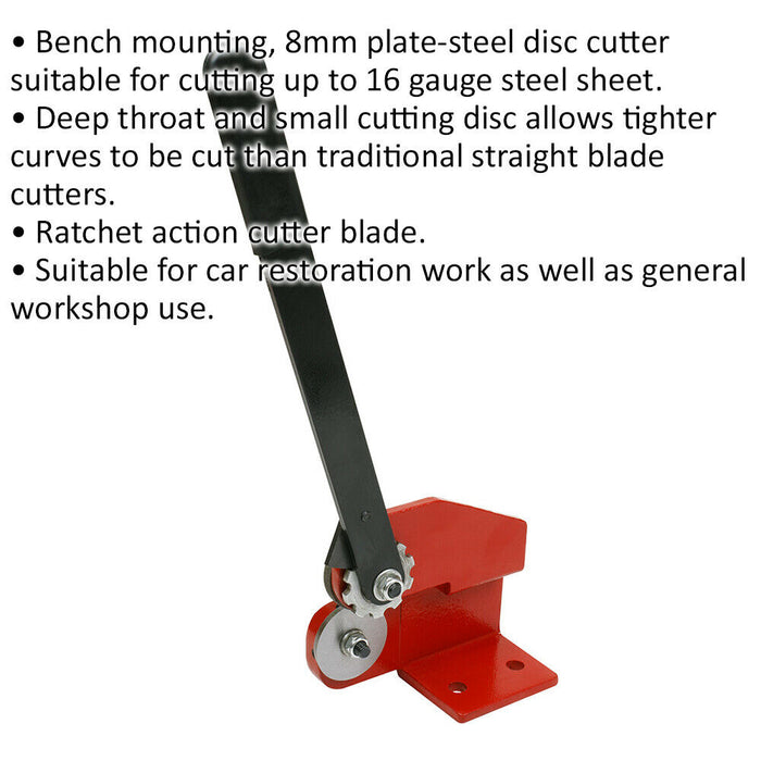 Manual Hand Sheet Metal Disc Cutter Bench Mounted -16 Gauge Steel- Ratchet Lever Loops