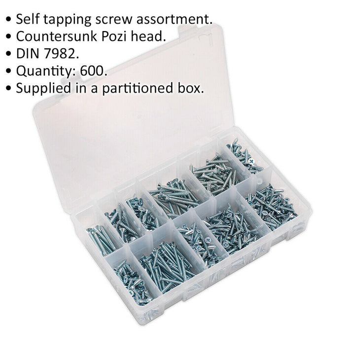 600 PACK Self Tapping Screw Assortment - Countersunk Pozi - Various Sizes Loops