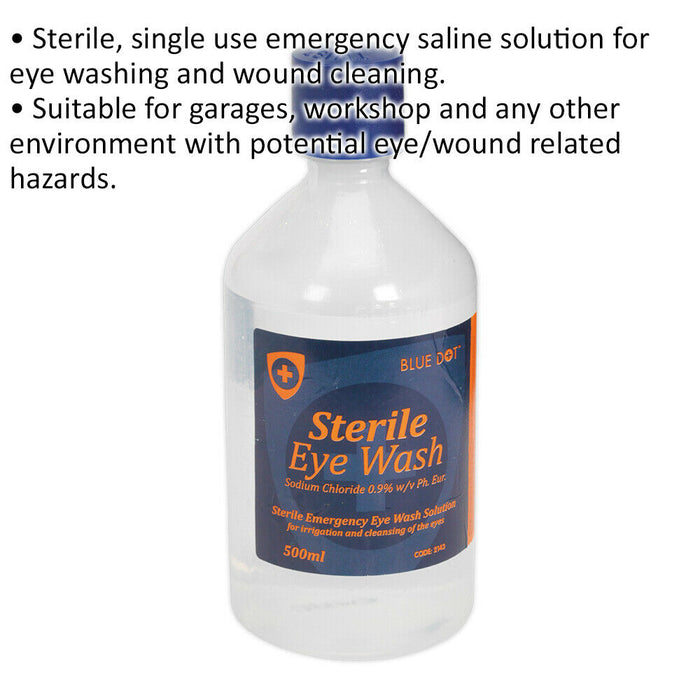 500ml Sterile Eye Wash Solution - 0.9% Sodium Chloride - First Aid Wound Washing Loops