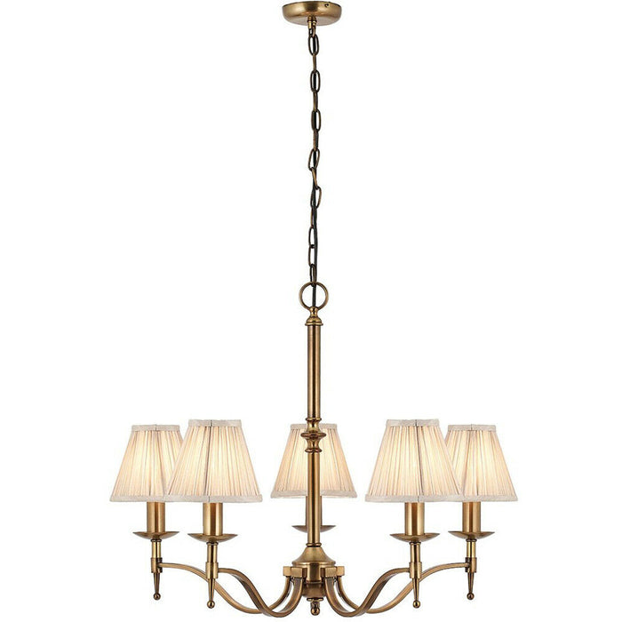 Avery Ceiling Pendant Chandelier Light 5 Lamp Antique Brass & Beige Pleat Shade Loops