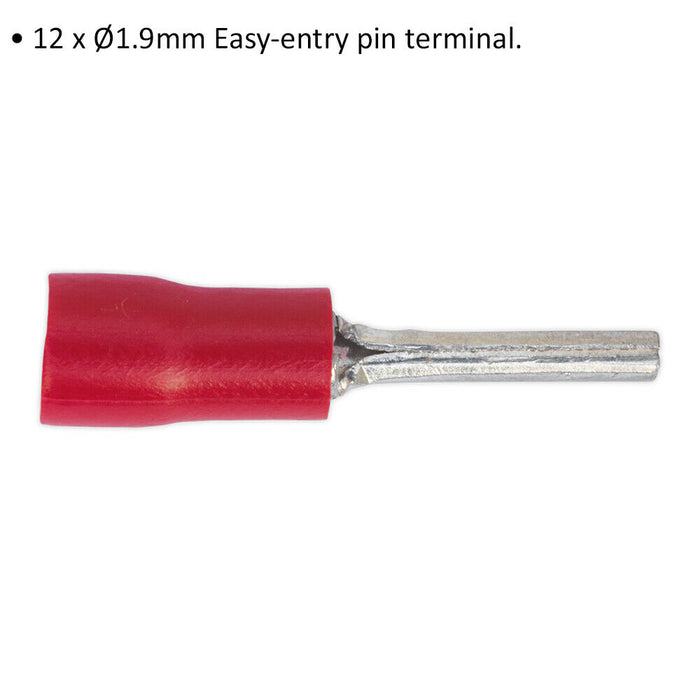 100 PACK Easy-Entry Pin Terminal - 12 x 1.9mm - Suits 22 to 18 AWG Cable - Red Loops