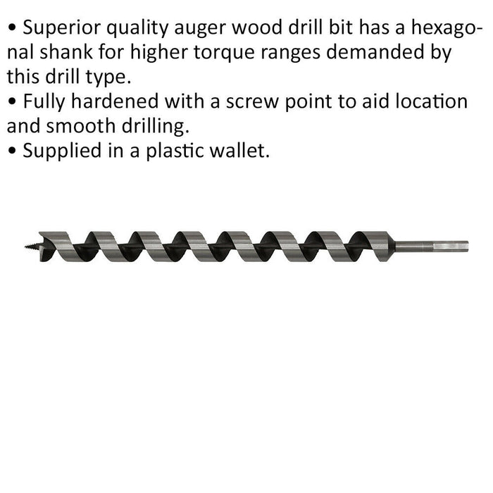 32 x 460mm Hardened Auger Wood Drill Bit - Hexagonal Shank - Woodwork Timber Loops