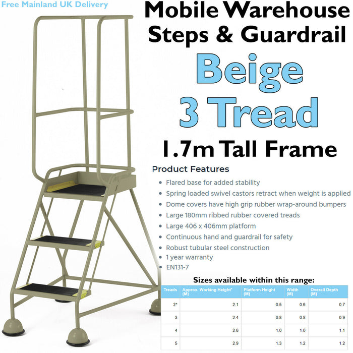 3 Tread Mobile Warehouse Steps & Guardrail BEIGE 1.7m Portable Safety Stairs Loops