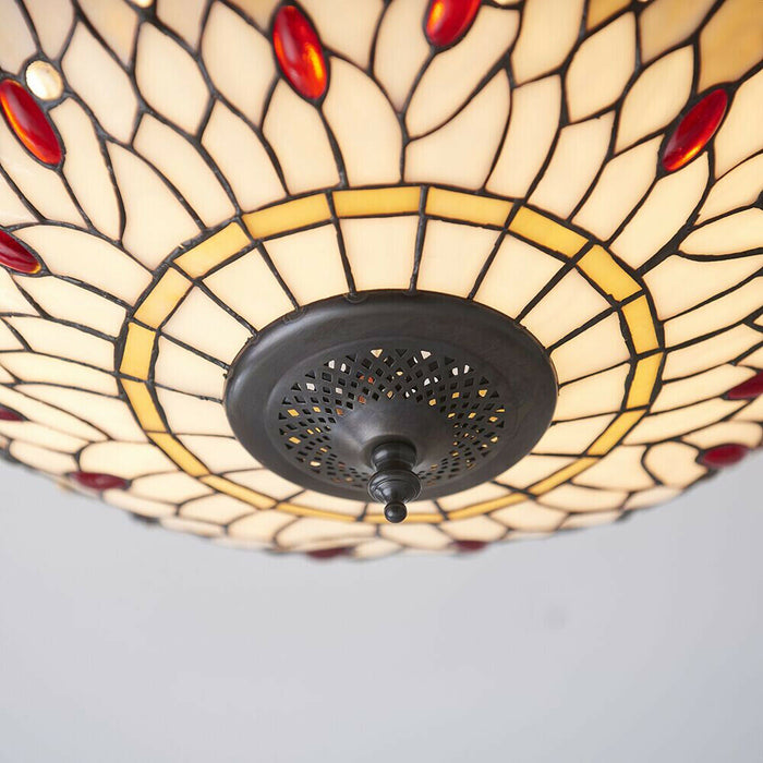Tiffany Glass Semi Flush Ceiling Light Dragonfly Round Inverted Shade i00043 Loops