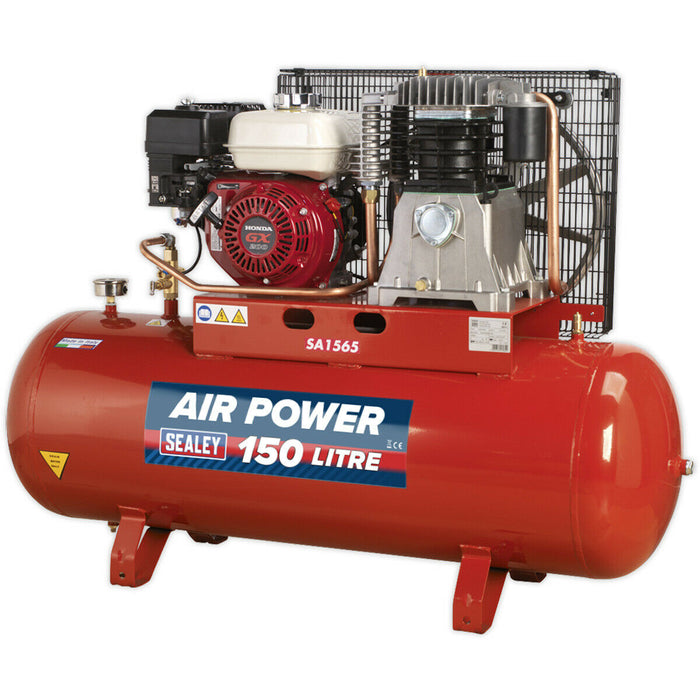 150 Litre Belt Drive Air Compressor - 6.5hp Petrol Engine - Gauge & Air Outlet Loops