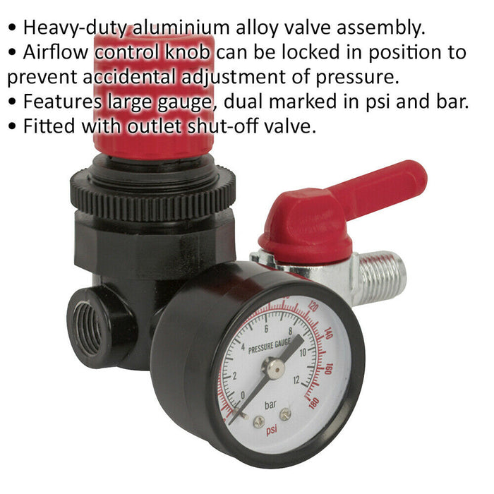 Heavy Duty Air Regulator - 1/4" BSP Female to Male - Airflow Control Knob Loops