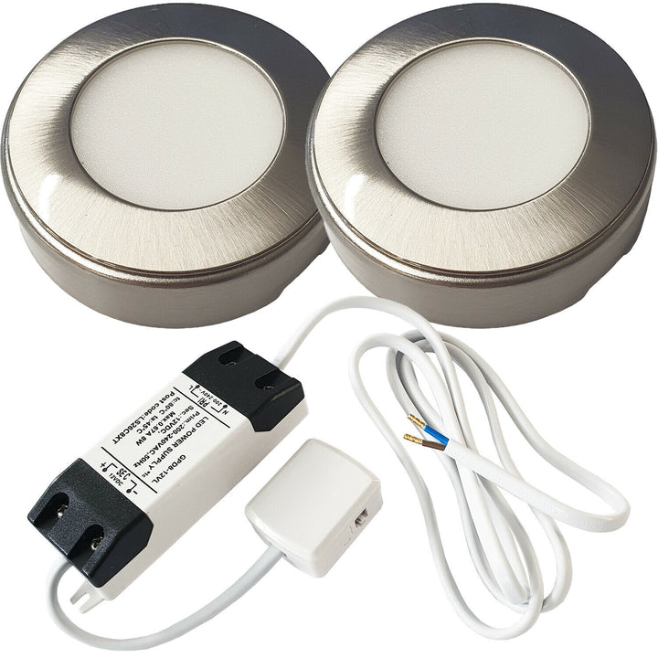 2x 2.6W LED Kitchen Cabinet Surface Spot Lights & Driver Kit Steel Warm White Loops