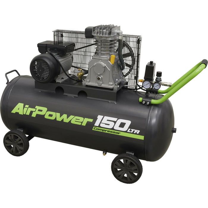 150 Litre Mobile Belt Drive Air Compressor - 3hp Motor - Quick Release Coupling Loops