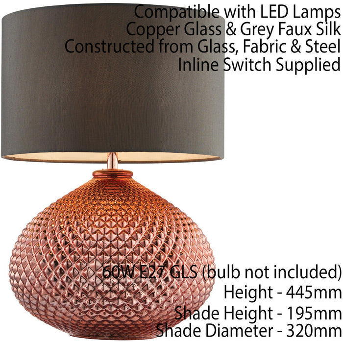 Modern Textured Table Lamp Copper Glass Base & Grey Shade Bedside Feature Light Loops