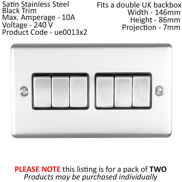 2 PACK 6 Gang Metal Multi Light Switch SATIN STEEL 2 Way 10A Black Trim Loops