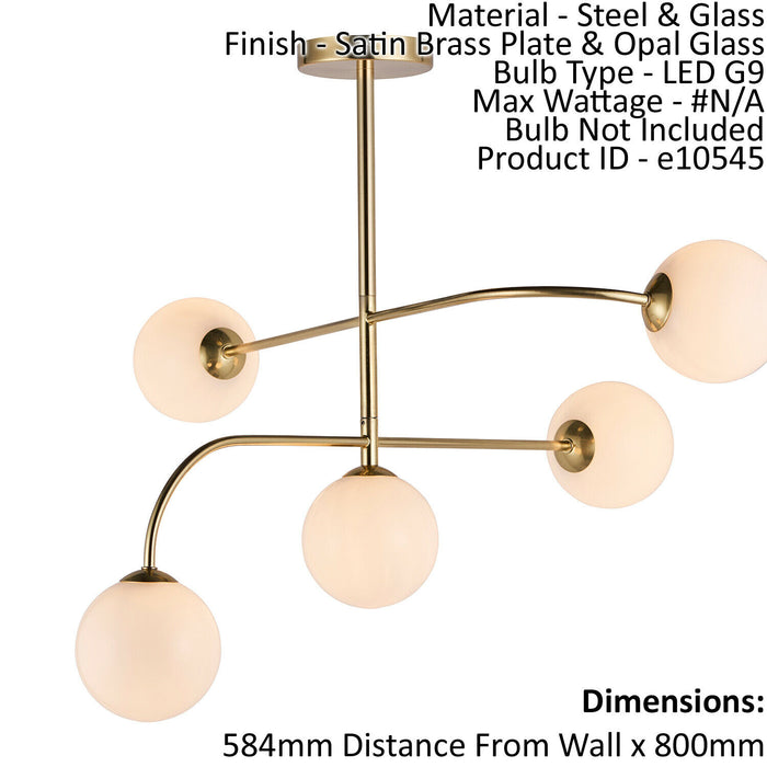 Semi Flush Ceiling Light Satin Brass Plate & Opal Glass 5 x 3W LED G9 Loops