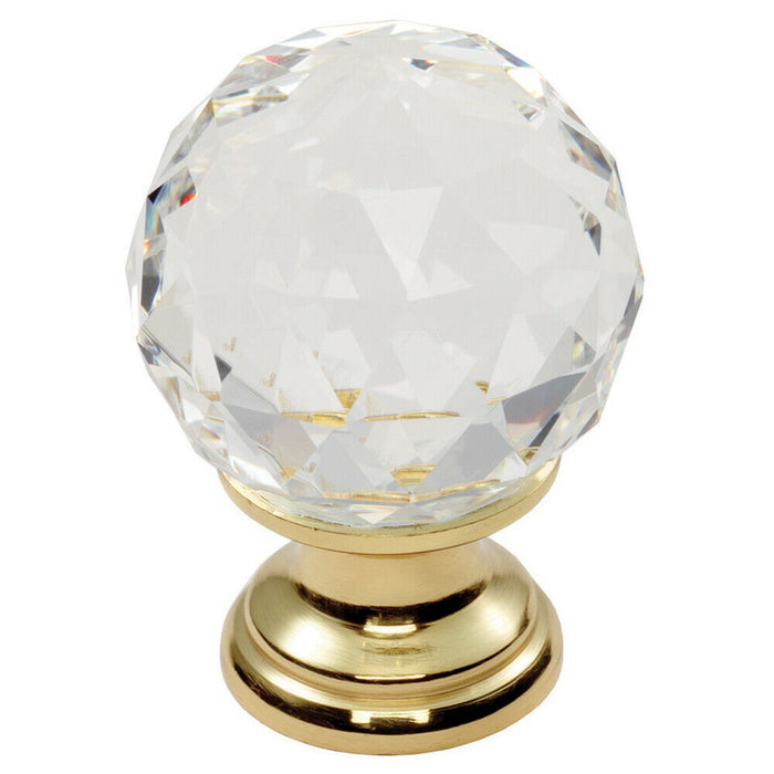 4x Faceted Crystal Cupboard Door Knob 35mm Dia Polished Brass Cabinet Handle Loops